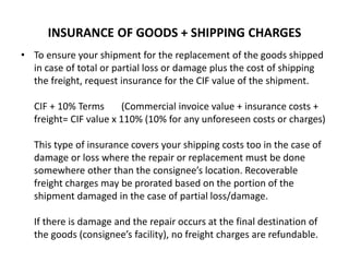 INSURANCE OF GOODS + SHIPPING CHARGES
• To ensure your shipment for the replacement of the goods shipped
in case of total or partial loss or damage plus the cost of shipping
the freight, request insurance for the CIF value of the shipment.
CIF + 10% Terms (Commercial invoice value + insurance costs +
freight= CIF value x 110% (10% for any unforeseen costs or charges)
This type of insurance covers your shipping costs too in the case of
damage or loss where the repair or replacement must be done
somewhere other than the consignee’s location. Recoverable
freight charges may be prorated based on the portion of the
shipment damaged in the case of partial loss/damage.
If there is damage and the repair occurs at the final destination of
the goods (consignee’s facility), no freight charges are refundable.
 