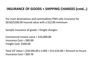 INSURANCE OF GOODS + SHIPPING CHARGES (cntd…)
For most destinations and commodities PWS sells insurance for
$0.60/$100.00 insured value with a $12.00 minimum.
Sample insurance of goods + freight charges:
Commercial Invoice value = $10,000.00
Insurance Cost = $60.00
Freight Cost: $500.00
Total CIF Value = $10,560.00 x 110% = $11,616.00 = Amount to Insure
Insurance Cost = $69.70
 