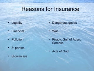 Reasons for Insurance
• Legality
• Financial
• Pollution
• 3rd
parties
• Stowaways
• Dangerous goods
• War
• Piracy; Gulf of Aden,
Somalia
• Acts of God
4
 
