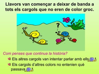 Llavors van començar a deixar de banda a
 tots els cargols que no eren de color groc.




Com penses que continua la història?
    Els altres cargols van intentar parlar amb ells
    Els cargols d’altres colors no entenien què
   passava
 