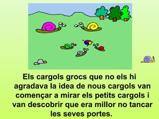 f5




   Els cargols grocs que no els hi
agradava la idea de nous cargols van
 començar a mirar els petits cargols i
van descobrir que era millor no tancar
           les seves portes.
 