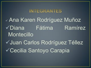  Ana Karen Rodríguez Muñoz
Diana Fátima Ramírez
Montecillo
Juan Carlos Rodríguez Téllez
Cecilia Santoyo Carapia
 