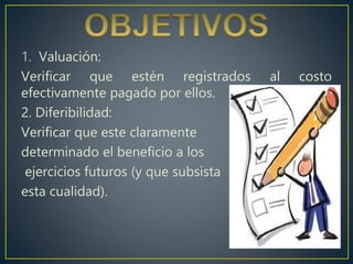 1. Valuación:
Verificar que estén registrados al costo
efectivamente pagado por ellos.
2. Diferibilidad:
Verificar que este claramente
determinado el beneficio a los
ejercicios futuros (y que subsista
esta cualidad).
 