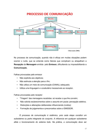 PROCESSO DE COMUNICAÇÃO
                                        Ruído



                             Mensage         Mensage
  Fonte          Codificação           CANAL
                                                    Decodificação          Receptor




                                      Retroação
                                                              Chiavenato (2004)



No processo de comunicação, quando não é eficaz em muitas situações podem
ocorrer o ruído, que se entende como fatores que complicam ou atrapalham a
Recepção da Mensagem emitida pelo Emissor, dificultando ou impossibilitando a
Comunicação.


Falhas provocadas pelo emissor
   •   Não explicita aos objetivos;
   •   Não estimula a atenção para o fim;
   •   Não utiliza um meio de comunicação (CANAL) adequado;
   •   Utiliza uma linguagem e vocabulário inacessíveis ao receptor.


Falhas provocadas pelo receptor
   •   “Triagem” das mensagens recebidas: só recebe o que lhe convém;
   •   Não solicita esclarecimentos sobre o assunto em pauta: percepção seletiva;
   •   Distorções e alterações deliberadas influenciando (ruídos);
   •   Formação de julgamentos e preconceitos sobre o EMISSOR.


       O processo de comunicação é sistêmico, pois cada etapa constitui um
subsistema ou parte integrante do conjunto. A influencia em qualquer subsistema
afeta o funcionamento do sistema todo. Na prática, a comunicação deve ser


                                                                                      17
 