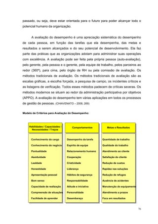 passado, ou seja, deve estar orientada para o futuro para poder alcançar todo o
potencial humano da organização.


      A avaliação do desempenho é uma apreciação sistemática do desempenho
de cada pessoa, em função das tarefas que ela desempenha, das metas e
resultados a serem alcançados e do seu potencial de desenvolvimento. Ela faz
parte das práticas que as organizações adotam para administrar suas operações
com excelência. A avaliação pode ser feita pela própria pessoa (auto-avaliação),
pelo gerente, pela pessoa e o gerente, pela equipe de trabalho, pelos parceiros ao
redor (360º), para cima, pelo órgão de RH ou pela comissão de avaliação. Os
métodos tradicionais de avaliação. Os métodos tradicionais de avaliação são as
escalas gráficas, a escolha forçada, a pesquisa de campo, os incidentes críticos e
as listagens de verificação. Todos esses métodos padecem de críticas severas. Os
métodos modernos se situam ao redor da administração participativa por objetivos
(APPO). A avaliação do desempenho tem várias aplicações em todos os processos
de gestão de pessoas. (CHIAVENATO – 2008, 269)


Modelo de Critérios para Avaliação do Desempenho:




    Habilidades / Capacidades /       Comportamentos          Metas e Resultados
      Necessidades / Traços



      Conhecimento do cargo       Desempenho da tarefa    Quantidade de trabalho

      Conhecimento do negócio     Espírito de equipe      Qualidade do trabalho

      Pontualidade                Relacionamento humano   Atendimento ao cliente

      Assiduidade                 Cooperação              Satisfação do cliente

      Lealdade                    Criatividade            Redução de custos

      Honestidade                 Liderança               Rapidez nas soluções

      Apresentação pessoal        Hábitos de segurança    Redução de refugos

      Bom senso                   Responsabilidade        Ausência de acidentes

      Capacidade de realização    Atitude e iniciativa    Manutenção do equipamento

      Compreensão de situações    Personalidade           Atendimento a prazos

      Facilidade de aprender      Desembaraço             Foco em resultados



                                                                                      76
 