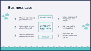 Business case
1
Mercury is the closest
planet to the Sun
2
Jupiter is the biggest
planet of them all
3
Venus is the second
planet from the Sun
4
Saturn is composed
of hydrogen and
helium
5
Mars is actually a
very cold place
6
Neptune is the
farthest planet from
the Sun
Company
logo here
Business name
XX/XX/XX
 