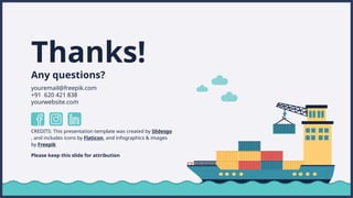 CREDITS: This presentation template was created by ݺߣsgo
, and includes icons by Flaticon, and infographics & images
by Freepik
Thanks!
Any questions?
youremail@freepik.com
+91 620 421 838
yourwebsite.com
Please keep this slide for attribution
 