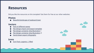 Resources
Did you like the resources on this template? Get them for free at our other websites:
Photos
 Beautiful landscape of seaboard town
Vectors
 Pack of different waves
 Flat design import and export template
 Flat design container ship illustration I
 Flat design container ship illustration II
 Hand drawn export infographic
Icons
 Icon Pack: Logistics | Filled
 