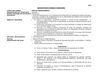 134.-
DESCRIPTOR DE CARGOS Y FUNCIONES
TÍTULO DEL CARGO : JEFE DE DEPARTAMENTO
Estamento del que forma parte : Docente
Nombre del Cargo del Jefe Directo : Director(a)
Descripción : - El Jefe de Departamento, es un profesional de la Educación en cargado de la gestión educativa,
curricular y evaluativo de un departamento de su especialidad que adhiere a los principios del
marco doctrinal de la Unidad Educativa.
Objetivos Específicos : ❖ Liderar la organización, conducción evolución y control de las orientaciones y
normativas sector curricular de su especialidad, de acuerdo al Proyecto Educativo de la
Unidad Educativa.
❖ Proporcionar orientación a los docentes a su cargo realizando un trabajo de colaboración
en un clima de respeto mutuo.
❖ Favorecer una positiva conducta profesional de todos sus dirigidos, mediante los
desempeños que el sistema le exige para liderar con efectividad, eficiencia, eficacia y
relevancia a la gestión curricular.
❖ Promover la potenciación permanente de todos los docentes a su cargo, para favorecer
la permanente actualización y creación de nuevos saberes.
❖ Generar y apoyar proyectos de innovación educativa para fortalecer su Asignatura.
Ubicación Administrativa : - Unidad Educativa
Reporta : - Jefe de UTP de la Unidad Educativa.
Especificación del cargo : ▪ Título de Profesor ó Educador concedido por Escuelas Normales, Universidades ó Instituto
Profesional.
▪ Poseer perfeccionamiento en su Especialidad.
Experiencia:
❖ Tener a lo menos 3 años o inducción para la función realizado por la CMDS.
Características:
❖ Tener amplio conocimiento de los planes y programas de su Asignatura,
❖ Tener conocimientos computacionales a nivel de usuario.
❖ Capacidad para organizar una gestión desde su Asignatura que permita coordinar,
decidir, y dar dirección a los comportamientos colectivos, permitiendo que sean
colaborativos y participativos.
❖ Ejercer en forma activa, sensata y con discrecionalidad, el responsable ejercicio de su
autoridad.
❖ Facilitador del trabajo en equipo e interdisciplinario, para el desarrollo de distintos
programas, proyectos, etc.
❖ Poseer capacidad para manejar y resolver situaciones de conflictos.
 