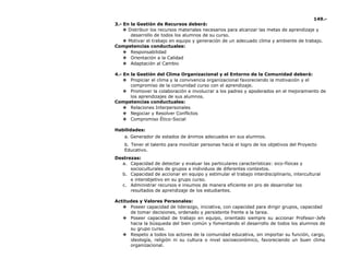 149.-
3.- En la Gestión de Recursos deberá:
❖ Distribuir los recursos materiales necesarios para alcanzar las metas de aprendizaje y
desarrollo de todos los alumnos de su curso.
❖ Motivar el trabajo en equipo y generación de un adecuado clima y ambiente de trabajo.
Competencias conductuales:
❖ Responsabilidad
❖ Orientación a la Calidad
❖ Adaptación al Cambio
4.- En la Gestión del Clima Organizacional y el Entorno de la Comunidad deberá:
❖ Propiciar el clima y la convivencia organizacional favoreciendo la motivación y el
compromiso de la comunidad curso con el aprendizaje.
❖ Promover la colaboración e involucrar a los padres y apoderados en el mejoramiento de
los aprendizajes de sus alumnos.
Competencias conductuales:
❖ Relaciones Interpersonales
❖ Negociar y Resolver Conflictos
❖ Compromiso Ético-Social
Habilidades:
a. Generador de estados de ánimos adecuados en sus alumnos.
b. Tener el talento para movilizar personas hacia el logro de los objetivos del Proyecto
Educativo.
Destrezas:
a. Capacidad de detectar y evaluar las particulares características: sico-físicas y
socioculturales de grupos e individuos de diferentes contextos.
b. Capacidad de accionar en equipo y estimular el trabajo interdisciplinario, intercultural
e interobjetivo en su grupo curso.
c. Administrar recursos e insumos de manera eficiente en pro de desarrollar los
resultados de aprendizaje de los estudiantes.
Actitudes y Valores Personales:
❖ Poseer capacidad de liderazgo, iniciativa, con capacidad para dirigir grupos, capacidad
de tomar decisiones, ordenado y persistente frente a la tarea.
❖ Poseer capacidad de trabajo en equipo, orientado siempre su accionar Profesor-Jefe
hacia la búsqueda del bien común y fomentando el desarrollo de todos los alumnos de
su grupo curso.
❖ Respeto a todos los actores de la comunidad educativa, sin importar su función, cargo,
ideología, religión ni su cultura o nivel socioeconómico, favoreciendo un buen clima
organizacional.
 