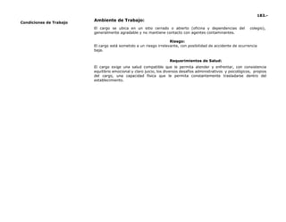 183.-
Condiciones de Trabajo
Ambiente de Trabajo:
El cargo se ubica en un sitio cerrado o abierto (oficina y dependencias del colegio),
generalmente agradable y no mantiene contacto con agentes contaminantes.
Riesgo:
El cargo está sometido a un riesgo irrelevante, con posibilidad de accidente de ocurrencia
baja.
Requerimientos de Salud:
El cargo exige una salud compatible que le permita atender y enfrentar, con consistencia
equilibrio emocional y claro juicio, los diversos desafíos administrativos y psicológicos, propios
del cargo, una capacidad física que le permita constantemente trasladarse dentro del
establecimiento.
 
