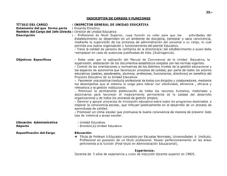 20.-
DESCRIPTOR DE CARGOS Y FUNCIONES
TÍTULO DEL CARGO : INSPECTOR GENERAL DE UNIDAD EDUCATIVA
Estamento del que forma parte : Docente Directivo
Nombre del Cargo del Jefe Directo : Director de Unidad Educativa
Descripción : - Profesional de Nivel Superior, cuya función es velar para que las actividades del
Establecimiento se desarrollen en un ambiente de disciplina, bienestar y sana convivencia,
mediante la supervisión de los procesos de administración del personal a su cargo, lo cual
permita una buena organización y funcionamiento del plantel Educativo.
- Tiene la calidad de persona de confianza de la directora(a) del establecimiento a quien debe
reemplazar en caso de ausencias justificadas de ésta. (Subrogancia).
Objetivos Específicos - Debe velar por la aplicación del Manual de Convivencia de la Unidad Educativa, la
supervisión, elaboración de los documentos estadísticos exigidos por las normas vigentes.
- Control de las orientaciones y normativas de los distintos niveles de la gestión educacional y
los espacios de autonomía que favorezcan procesos de calidad, por parte de todos los actores
educativos (padres, apoderados, alumnos, profesores, funcionarios, directivos) en beneficio del
Proyecto Educativo de su Unidad Educativa.
- Favorecer una positiva conducta profesional de todos sus dirigidos y colaboradores, mediante
los desempeños que el sistema le exige para liderar con efectividad, eficiencia , eficacia y
relevancia a la gestión institucional.
- Promover la permanente potenciación de todos los recursos humanos, materiales y
doctrinarios para favorecer el mejoramiento permanente de la calidad del desarrollo
organizacional y de todos los procesos de gestión propios.
- Generar y apoyar proyectos de innovación educativa sobre todos los programas destinados a
mejorar la convivencia escolar, que influyan positivamente en el desarrollo de un proceso de
aprendizaje de calidad.
- Promover un clima escolar que promueva la buena convivencia de manera de prevenir todo
tipo de violencia y acoso escolar.
Ubicación Administrativa - Unidad Educativa
Reporta - Director(a) Unidad Educativa
Especificación del Cargo Educación:
❖ Título de Profesor ó Educador concedido por Escuelas Normales, Universidades ó Instituto,
Profesional en posesión de un título profesional. Poseer perfeccionamiento en las áreas
pertinentes a la función (Post-título en Administración Educacional).
Experiencia:
Docente de 5 años de experiencia y curso de inducción docente superior en CMDS.
 