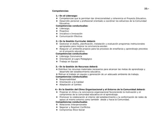 22.-
Competencias:
1.- En el Liderazgo:
❖ Competencias que le permitan dar direccionalidad y coherencia al Proyecto Educativo.
❖ Desarrollo personal y profesional orientado a coordinar los esfuerzos de la Comunidad
Educativa.
Competencias conductuales:
❖ Liderazgo.
❖ Proactivo
❖ Iniciativa e Innovación
❖ Comunicación Efectiva
2.- En la Gestión Curricular deberá:
❖ Gestionar el diseño, planificación, instalación y evaluación programas institucionales
apropiados para mejorar la convivencia escolar.
❖ Asegurar un ambiente propicio para los procesos de enseñanza y aprendizaje previstos
en el proyecto educativo.
Competencias conductuales:
❖ Liderazgo Convivencia
❖ Orientación al Logro Pedagógico
❖ Trabajo en Equipo
3.- En la Gestión de Recursos deberá:
❖ Distribuir los recursos materiales necesarios para alcanzar las metas de aprendizaje y
desarrollo del establecimiento educativo.
❖ Motivar el trabajo en equipo y generación de un adecuado ambiente de trabajo.
Competencias conductuales:
❖ Responsabilidad
❖ Orientación a la Calidad
❖ Adaptación al Cambio
4.- En la Gestión del Clima Organizacional y el Entorno de la Comunidad deberá:
❖ Propiciar el clima y la convivencia organizacional favoreciendo la motivación y el
compromiso de la comunidad educativa en el aprendizaje.
❖ Promover la colaboración al interior del establecimiento y la conformación de redes de
apoyo al mismo entorno como también desde y hacia la Comunidad.
Competencias conductuales:
❖ Relaciones Interpersonales
❖ Negociar y Resolver Conflictos
❖ Compromiso Ético-Social
 