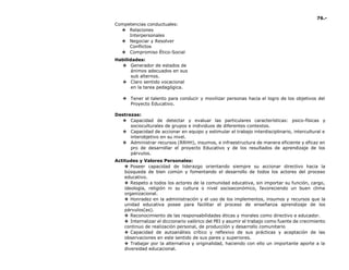 Competencias conductuales:
❖ Relaciones
Interpersonales
❖ Negociar y Resolver
Conflictos
❖ Compromiso Ético-Social
Habilidades:
❖ Generador de estados de
ánimos adecuados en sus
sub alternos.
❖ Claro sentido vocacional
en la tarea pedagógica.
76.-
❖ Tener el talento para conducir y movilizar personas hacia el logro de los objetivos del
Proyecto Educativo.
Destrezas:
❖ Capacidad de detectar y evaluar las particulares características: psico-físicas y
socioculturales de grupos e individuos de diferentes contextos.
❖ Capacidad de accionar en equipo y estimular el trabajo interdisciplinario, intercultural e
interobjetivo en su nivel.
❖ Administrar recursos (RRHH), insumos, e infraestructura de manera eficiente y eficaz en
pro de desarrollar el proyecto Educativo y de los resultados de aprendizaje de los
párvulos.
Actitudes y Valores Personales:
❖ Poseer capacidad de liderazgo orientando siempre su accionar directivo hacia la
búsqueda de bien común y fomentando el desarrollo de todos los actores del proceso
educativo.
❖ Respeto a todos los actores de la comunidad educativa, sin importar su función, cargo,
ideología, religión ni su cultura o nivel socioeconómico, favoreciendo un buen clima
organizacional.
❖ Honradez en la administración y el uso de los implementos, insumos y recursos que la
unidad educativa posee para facilitar el proceso de enseñanza aprendizaje de los
párvulos(as).
❖ Reconocimiento de las responsabilidades éticas y morales como directivo e educador.
❖ Internalizar el diccionario valórico del PEI y asumir el trabajo como fuente de crecimiento
continuo de realización personal, de producción y desarrollo comunitario
❖ Capacidad de autoanálisis crítico y reflexivo de sus prácticas y aceptación de las
observaciones en este sentido de sus pares y superiores.
❖ Trabajar por la alternativa y originalidad, haciendo con ello un importante aporte a la
diversidad educacional.
 
