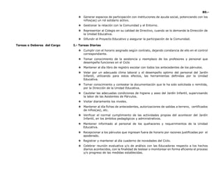 80.-
❖ Generar espacios de participación con instituciones de ayuda social, potenciando con los
niños(as) un rol solidario activo.
❖ Gestionar la relación con la Comunidad y el Entorno.
❖ Representar al Colegio en su calidad de Directivo, cuando se lo demande la Dirección de
la Unidad Educativa.
❖ Difundir el Proyecto Educativo y asegurar la participación de la Comunidad.
Tareas o Deberes del Cargo I.- Tareas Diarias
❖ Cumplir con el horario asignado según contrato, dejando constancia de ello en el control
correspondiente.
❖ Tomar conocimiento de la asistencia y reemplazo de los profesores y personal que
desempeña funciones en el Ciclo
❖ Mantener al día libro de registro escolar con todos los antecedentes de los párvulos.
❖ Velar por un adecuado clima laboral y el desempeño optimo del personal del Jardín
Infantil, utilizando para estos efectos, las herramientas definidas por la Unidad
Educativa.
❖ Tomar conocimiento y contestar la documentación que le ha sido solicitada o remitida,
por la Dirección de la Unidad Educativa.
❖ Cautelar las adecuadas condiciones de higiene y aseo del Jardín Infantil, supervisando
la labor de las Asistentes de Párvulos.
❖ Visitar diariamente los niveles.
❖ Mantener al día fichas de antecedentes, autorizaciones de salidas a terreno, certificados
de niños(as), etc.
❖ Verificar el normal cumplimiento de las actividades propias del acontecer del Jardín
Infantil, en los ámbitos pedagógicos y administrativos.
❖ Mantener informado al personal de los quehaceres y requerimientos de la Unidad
Educativa.
❖ Recepcionar a los párvulos que ingresan fuera de horario por razones justificadas por el
apoderado.
❖ Registrar y mantener al día cuaderno de novedades del Ciclo.
❖ Celebrar reunión evaluativa y/o de análisis con las Educadoras respecto a los hechos
diarios acontecidos, con la finalidad de testear o monitorear en forma eficiente el proceso
y/o progreso de las medidas establecidas.
 