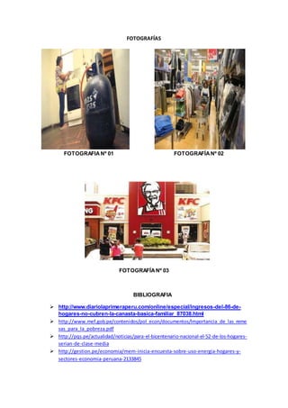 FOTOGRAFÍAS
FOTOGRAFIANº 01 FOTOGRAFÍANº 02
FOTOGRAFÍANº 03
BIBLIOGRAFIA
 http://www.diariolaprimeraperu.com/online/especial/ingresos-del-86-de-
hogares-no-cubren-la-canasta-basica-familiar_87038.html
 http://www.mef.gob.pe/contenidos/pol_econ/documentos/Importancia_de_las_reme
sas_para_la_pobreza.pdf
 http://pqs.pe/actualidad/noticias/para-el-bicentenario-nacional-el-52-de-los-hogares-
serian-de-clase-media
 http://gestion.pe/economia/mem-inicia-encuesta-sobre-uso-energia-hogares-y-
sectores-economia-peruana-2133845
 