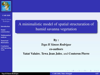CARI 2020
Tega II Simon
Rodrigue
Introduction
Model
construction
Mathematical
analysis
Numerical
illustration
Conclusion
and Upcoming
work
A minimalistic model of spatial structuration of
humid savanna vegetation
By :
Tega II Simon Rodrigue
co-authors
Yatat Valaire, Tewa Jean Jules, and Couteron Pierre
Tega II Simon Rodrigue CARI 2020, Thiès (Sénégal) 1/27
 