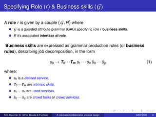 Specifying Role (r) & Business skills (G)
A role r is given by a couple (G,R) where
G is a guarded attribute grammar (GAG)...