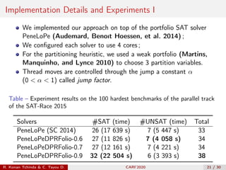 Implementation Details and Experiments I
We implemented our approach on top of the portfolio SAT solver
PeneLoPe (Audemard...