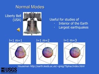 Normal Modes
Liberty Bell
     (USA)                          Useful for studies of
                                      ・ Interior of the Earth
                                      ・ Largest earthquakes


   l=1 m=1              l=1 m=2                 l=1 m=3




         Houseman http://earth.leeds.ac.uk/~greg/?Sphar/index.html
 
