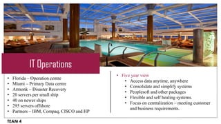 IT Operations
                                           • Five year view
•   Florida – Operation centre
                                              • Access data anytime, anywhere
•   Miami – Primary Data centre
                                              • Consolidate and simplify systems
•   Armonk – Disaster Recovery
                                              • Peoplesoft and other packages
•   20 servers per small ship
                                              • Flexible and self healing systems.
•   40 on newer ships
                                              • Focus on centralization – meeting customer
•   295 servers offshore
                                                 and business requirements.
•   Partners – IBM, Compaq, CISCO and HP

TEAM 4
 