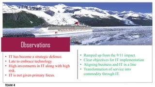 Observations
• IT has become a strategic defence.       •   Ramped up from the 9/11 impact.
• Late to embrace technology               •   Clear objectives for IT implementation
• High investments in IT along with high   •   Aligning business and IT in a line
  risk.                                    •   Transformation of service into
• IT is not given primary focus.               commodity through IT.

TEAM 4
 