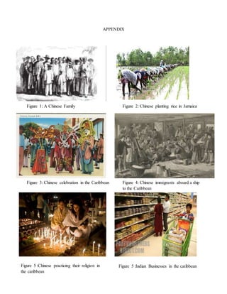 APPENDIX
Figure 1: A Chinese Family Figure 2: Chinese planting rice in Jamaica
Figure 3: Chinese celebration in the Caribbean Figure 4: Chinese immigrants aboard a ship
to the Caribbean
Figure 5 :Chinese practicing their religion in
the caribbean
Figure 5 :Indian Businesses in the caribbean
 