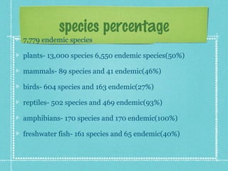 species percentage
7,779 endemic species

plants- 13,000 species 6,550 endemic species(50%)

mammals- 89 species and 41 endemic(46%)

birds- 604 species and 163 endemic(27%)

reptiles- 502 species and 469 endemic(93%)

amphibians- 170 species and 170 endemic(100%)

freshwater fish- 161 species and 65 endemic(40%)
 
