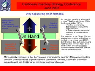 Why not use the other methods? An inventory transfer or adjustment creates  TWO  Journal Entries (JE) in the General Ledger (G/L).  The first journal entry  decreases  inventory at the original location. The second entry  increases  inventory at the destination location.  The Inventory in the Closed BP’s has already been credited and debited to the G/L in a previous year (2006). Only the Item Data truly remains and not the actual physical stock. Since the transfers program  increases  inventory at the destination location, this method will not work. More critically important, is that the Transfers program in the Inventory Management system does not create any sales or purchase order documents therefore, it does not provide an adequate audit trail (for Sarbanes or internal audit compliances).  On Hand + Adjustments  (IA) & (IT) Transfers on P.O.’s Also, Credit orders Physical inventory variances + - Issues (I7) & Transfers Sales orders Ship confirms Physical inventory variances - 