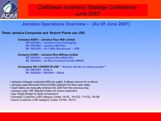These Jamaica Companies and  Branch Plants use JDE: Company 03001 – Jamaica Flour Mill Limited BP 3001001 – Jamaica Flour Packaging BP 3001002 – Jamaica Mill Silo BP 3001004 – JA 3 Mile Warehouse  - JFM Company 03005 – Jamaica Rice Milling Limited BP 3005001 – Jamaica Rice Mills Silo BP 3005002 – JA Rice Finished Goods WRHS Companies NO LONGER IN USE  ** Need to decide on clean-up plan** BP 3007004 – Kelly’s  BP 3002002 / 3002004 – Allied Jamaica changes customers $26 per pallet. It allows returns for a refund Jamaica uses Microsoft Point-of-Sale software for their cash sales  Cash Sales are manually entered into JDE from the previous day  Jamaica uses “SB” Blanket Orders for some customers  Use Weigh Bridge for Bulk transactions Domestic Customer LOB Category Codes 15=SL, 16=CQ, 17=CQ, 18=S8  Export Customer LOB Category Codes 15=SA, 16=C1 Jamaica Operations Overview –  (As Of June 2007) 
