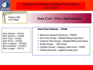 Item Master - F4101 Item Branch - F4102 Item Cost - F4105 Item Price - F4106 Item Location - F41021 Qty Available - F41021 Item Ledger - F4111 Item Cost / Price Information Item Price Features -  F4106 Base Price Discount Structures – P40070  Item Price Groups - Detailed Billing Instructions Customer Price Groups – Detailed Billing Instructions Simple Groups -  UDC driven Complex Groups – Category Code driven – P4092 Trading Discounts – applied to base price Primary JDE  Cost Tables 