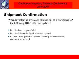Shipment Confirmation When Inventory is physically shipped out of a warehouse BP the following JDE Tables are updated: F4111 – Item Ledger – SO #  F4211 – Sales Order Detail – statuses updated F41021 – Item quantities updated – quantity on hand reduced, commitments updated 