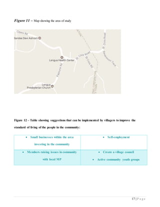 17 | P a g e
Figure 11 – Map showing the area of study
Figure 12 – Table showing suggestions that can be implemented by villagers to improve the
standard of living of the people in the community:
 Small businesses within the area
investing in the community
 Self-employment
 Members raising issues in community
with local MP
 Create a village council
 Active community youth groups
 