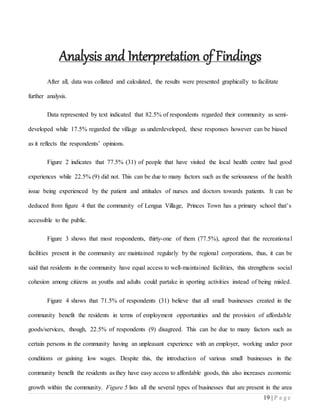 19 | P a g e
Analysis and Interpretation of Findings
After all, data was collated and calculated, the results were presented graphically to facilitate
further analysis.
Data represented by text indicated that 82.5% of respondents regarded their community as semi-
developed while 17.5% regarded the village as underdeveloped, these responses however can be biased
as it reflects the respondents’ opinions.
Figure 2 indicates that 77.5% (31) of people that have visited the local health centre had good
experiences while 22.5% (9) did not. This can be due to many factors such as the seriousness of the health
issue being experienced by the patient and attitudes of nurses and doctors towards patients. It can be
deduced from figure 4 that the community of Lengua Village, Princes Town has a primary school that’s
accessible to the public.
Figure 3 shows that most respondents, thirty-one of them (77.5%), agreed that the recreational
facilities present in the community are maintained regularly by the regional corporations, thus, it can be
said that residents in the community have equal access to well-maintained facilities, this strengthens social
cohesion among citizens as youths and adults could partake in sporting activities instead of being misled.
Figure 4 shows that 71.5% of respondents (31) believe that all small businesses created in the
community benefit the residents in terms of employment opportunities and the provision of affordable
goods/services, though, 22.5% of respondents (9) disagreed. This can be due to many factors such as
certain persons in the community having an unpleasant experience with an employer, working under poor
conditions or gaining low wages. Despite this, the introduction of various small businesses in the
community benefit the residents as they have easy access to affordable goods, this also increases economic
growth within the community. Figure 5 lists all the several types of businesses that are present in the area
 