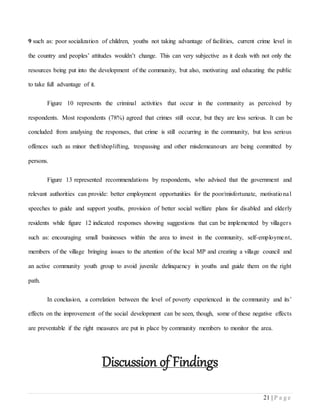 21 | P a g e
9 such as: poor socialization of children, youths not taking advantage of facilities, current crime level in
the country and peoples’ attitudes wouldn’t change. This can very subjective as it deals with not only the
resources being put into the development of the community, but also, motivating and educating the public
to take full advantage of it.
Figure 10 represents the criminal activities that occur in the community as perceived by
respondents. Most respondents (78%) agreed that crimes still occur, but they are less serious. It can be
concluded from analysing the responses, that crime is still occurring in the community, but less serious
offences such as minor theft/shoplifting, trespassing and other misdemeanours are being committed by
persons.
Figure 13 represented recommendations by respondents, who advised that the government and
relevant authorities can provide: better employment opportunities for the poor/misfortunate, motivational
speeches to guide and support youths, provision of better social welfare plans for disabled and elderly
residents while figure 12 indicated responses showing suggestions that can be implemented by villagers
such as: encouraging small businesses within the area to invest in the community, self-employment,
members of the village bringing issues to the attention of the local MP and creating a village council and
an active community youth group to avoid juvenile delinquency in youths and guide them on the right
path.
In conclusion, a correlation between the level of poverty experienced in the community and its’
effects on the improvement of the social development can be seen, though, some of these negative effects
are preventable if the right measures are put in place by community members to monitor the area.
Discussion of Findings
 