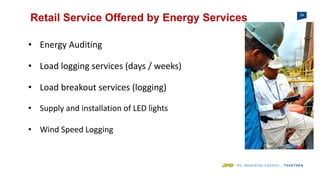 24
Retail Service Offered by Energy Services
• Energy Auditing
• Load logging services (days / weeks)
• Load breakout services (logging)
• Supply and installation of LED lights
• Wind Speed Logging
 