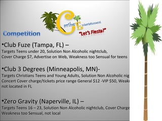 Club Fuze (Tampa, FL) – Targets Teens under 20, Solution Non Alcoholic nightclub,  Cover Charge $7, Advertise on Web, Weakness too Sensual for teens Club 3 Degrees (Minneapolis, MN)-  Targets Christians Teens and Young Adults, Solution Non Alcoholic nightclub, Concert Cover charge/tickets price range General $12 -VIP $50, Weakness not located in FL Zero Gravity (Naperville, IL) –  Targets Teens 16 – 23, Solution Non Alcoholic nightclub, Cover Charge $10, Weakness too Sensual, not local 