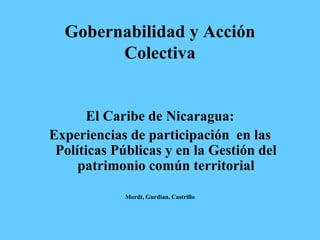Gobernabilidad y Acción
Colectiva
El Caribe de Nicaragua:
Experiencias de participación en las
Políticas Públicas y en la Gestión del
patrimonio común territorial
Mordt, Gurdian, Castrillo
 