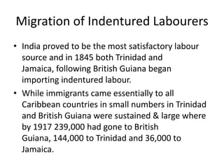 Migration of Indentured Labourers
• India proved to be the most satisfactory labour
source and in 1845 both Trinidad and
Jamaica, following British Guiana began
importing indentured labour.
• While immigrants came essentially to all
Caribbean countries in small numbers in Trinidad
and British Guiana were sustained & large where
by 1917 239,000 had gone to British
Guiana, 144,000 to Trinidad and 36,000 to
Jamaica.
 