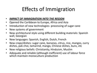 Effects of Immigration
• IMPACT OF IMMIGRATION INTO THE REGION
• Opened the Caribbean to Europe, Africa and Asia
• Introduction of new technologies- processing of sugar cane
• New systems of government
• New architectural style using different building materials: Spanish
wall, Georgian
• New languages: Spanish, English, Dutch, French
• New crops/dishes: sugar cane, bananas, citrus, rice, mangos, curry
dishes, pak choi, tamarind, mango, Chinese dishes, buns, etc
• New religious beliefs: Christianity, Hinduism, Muslim
• Adequate and reliable (although inefficient) use of labour force
which maintain monoculture production
 