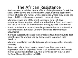 The African Resistance
• Resistance occurred despite the efforts of the planters to ‘break the
spirit’ of the strong and intimidate the weak. Planters applied the
system of divide and rule as well as confusion where they mixed the
slaves of different languages to avoid communication.
• Maroonage was one of the most successful forms of slave
resistance. It was a system which started with the freed blacks who
fled the plantations to the mountains during Spanish colonization.
• It was prominent in mountainous larger territories such as Jamaica
(Blue Mountains & Cockpit Country) and Cuba (Hammerhead
Mountains)
• It proved successful because the Europeans found it difficult to deal
with the guerilla warfare use by the Maroons to protect their
freedom.
• Maroons would also raid plantations and encourage other slaves to
runaway
• Slaves not only resisted slavery, sometimes their response to
oppression took on organized forms such as rebellions, which were
more organized and larger. E.g., the Tacky Rebellion in 1760, and
the Sam Sharpe Rebellion in 1831.
 
