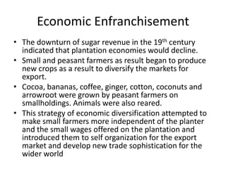 Economic Enfranchisement
• The downturn of sugar revenue in the 19th century
indicated that plantation economies would decline.
• Small and peasant farmers as result began to produce
new crops as a result to diversify the markets for
export.
• Cocoa, bananas, coffee, ginger, cotton, coconuts and
arrowroot were grown by peasant farmers on
smallholdings. Animals were also reared.
• This strategy of economic diversification attempted to
make small farmers more independent of the planter
and the small wages offered on the plantation and
introduced them to self organization for the export
market and develop new trade sophistication for the
wider world
 
