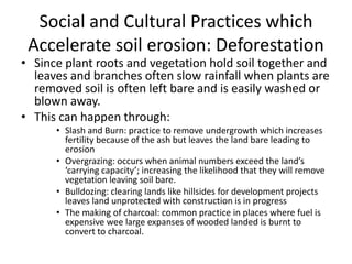 Social and Cultural Practices which
Accelerate soil erosion: Deforestation
• Since plant roots and vegetation hold soil together and
leaves and branches often slow rainfall when plants are
removed soil is often left bare and is easily washed or
blown away.
• This can happen through:
• Slash and Burn: practice to remove undergrowth which increases
fertility because of the ash but leaves the land bare leading to
erosion
• Overgrazing: occurs when animal numbers exceed the land’s
‘carrying capacity’; increasing the likelihood that they will remove
vegetation leaving soil bare.
• Bulldozing: clearing lands like hillsides for development projects
leaves land unprotected with construction is in progress
• The making of charcoal: common practice in places where fuel is
expensive wee large expanses of wooded landed is burnt to
convert to charcoal.
 