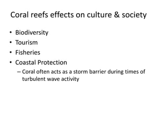 Coral reefs effects on culture & society
• Biodiversity
• Tourism
• Fisheries
• Coastal Protection
– Coral often acts as a storm barrier during times of
turbulent wave activity
 