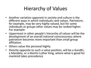 Hierarchy of Values
• Another variation apparent in society and culture is the
different ways in which individuals rank values. Patriotism,
for example, may be very highly valued, but for some
individuals or groups other values may be ranked higher.
For example:
• Uppermost in other people's hierarchy of values will be the
development of an overall national consciousness where
patriotism becomes more important than small group
affiliation.
• Others value the personal highly.
• Directly opposite to such a value position, will be a Gandhi,
a Mandela, or a Martin Luther King, where what is good for
mankind takes precedence
 