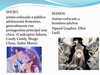SHOJO: 
anime enfocado a público 
adolescente femenino, 
generalmente con 
protagonista principal una 
chica. (Cardcaptor Sakura, 
Candy Candy, Shugo 
Chara, Sailor Moon) 
SEINEN: 
Anime enfocado a 
hombres adultos 
(Speed Grapher, Elfen 
Lied) 
 