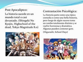 Post Apocalíptco: 
La historia sucede en un 
mundo total o casi 
devastado. (Shingeki No 
Kyojin, Highschool of the 
dead, Tokyo Magnitude 8.0) 
Contrastación Psicológica: 
La historia parte como una típica 
comedia o como una bella historia, 
pero luego de algún suceso toma 
un rumbo totalmente distinto y se 
vuelve horrorosa y dramática. 
Algunas pueden contener gore. 
(Higurashi, School Days) 
 