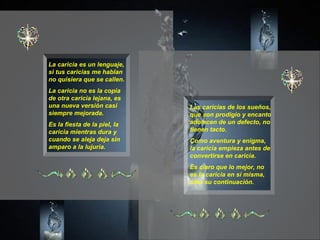 La caricia es un lenguaje, si tus caricias me hablan no quisiera que se callen. La caricia no es la copia de otra caricia lejana, es una nueva versión casi siempre mejorada. Es la fiesta de la piel, la caricia mientras dura y cuando se aleja deja sin amparo a la lujuria. Las caricias de los sueños, que son prodigio y encanto adolecen de un defecto, no tienen tacto. Como aventura y enigma, la caricia empieza antes de convertirse en caricia. Es claro que lo mejor, no es la caricia en sí misma, sino su continuación. 