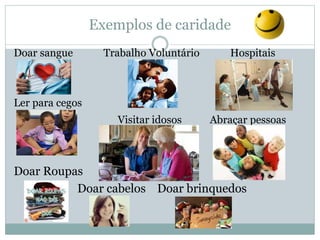 Exemplos de caridade
Doar sangue Trabalho Voluntário Hospitais
Ler para cegos
Visitar idosos Abraçar pessoas
Doar Roupas
Doar cabelos Doar brinquedos
 