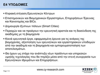 Page  12 
www.cy-research.com 
Ε4 ΥΠΟΔΟΜΕΣ 
 Κτιριακή στέγαση Ερευνητικών Κέντρων 
 Επιστημονικών και Βιομηχανικών Εργαστηρίων, Επιχειρήσεων Έρευνας 
και Καινοτομίας και BICs. 
 Δημιουργία έξυπνων πόλεων (Smart Cities) 
 Περιοχών και να προάγουν την ερευνητική αριστεία και τη διασύνδεση της 
ακαδημίας με τη βιομηχανία 
 Κοινά ερευνητικά έργα, εφαρμοσμένη έρευνα για τις ανάγκες της 
βιομηχανίας, αξιοποίηση των ερευνητικών και εργαστηριακών υποδομών 
από την ακαδημία και τη βιομηχανία και εμπορευματοποίηση των 
αποτελεσμάτων. 
 Θα έχουν ως στόχο την ανάπτυξη νέων προϊόντων και υπηρεσιών 
υψηλής τεχνολογίας που θα πηγάζει μέσα από την στενή συνεργασία των 
Ερευνητικών ιδρυμάτων και Επιχειρήσεων. 
 